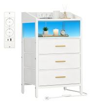 Bedside Table, Charging Station & LED Light, White