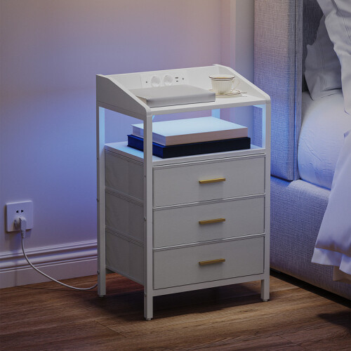 Bedside Tables Set of 2, Charging Station & LED Light, White