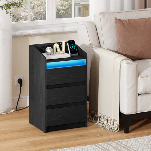 Bedside Table with 3 Drawers, Charging Station and LED, Black 1