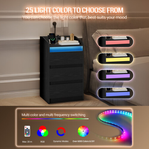 Bedside Table with 3 Drawers, Charging Station and LED, Black 2