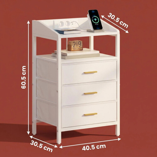 Bedside Table, Charging Station & LED Light, White 1
