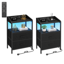 Bedside Tables Set of 2, Charging Station and LED, Black