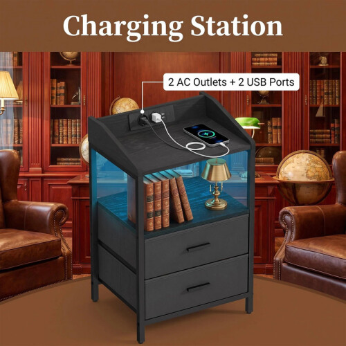 Bedside Table, Charging Station and LED, Black 1