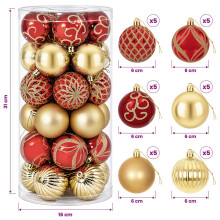 (Gold and red (lattice and scroll motif)) vidaXL Christmas Ball Set 30 pcs Red and White Ø 6 cm Plastic