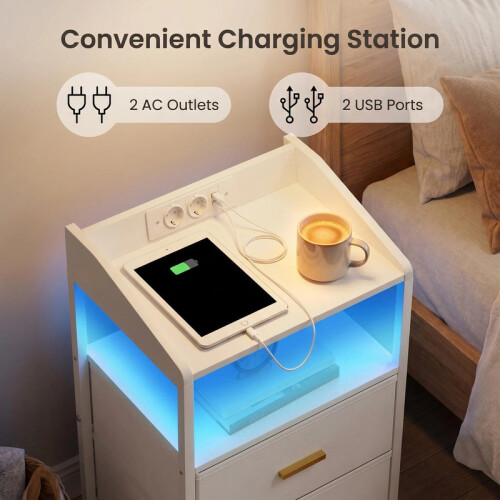 Bedside Tables Set of 2, Charging Station and LED, White 1