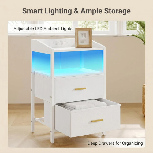 Bedside Tables Set of 2, Charging Station and LED, White 2