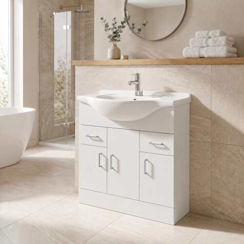 850mm Floorstanding Bathroom Vanity Unit & Basin Single Tap Hole White Gloss