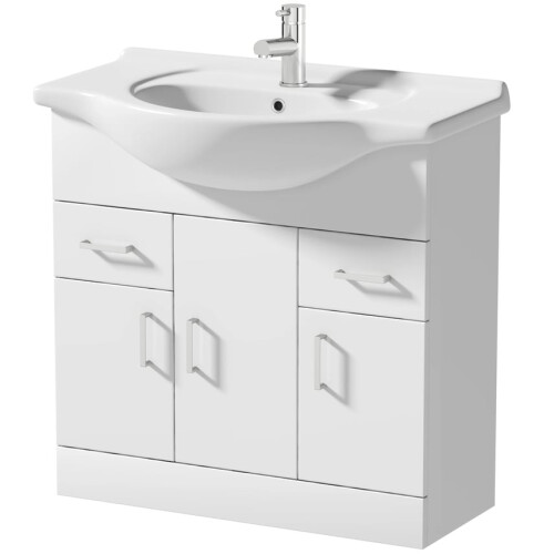 850mm Floorstanding Bathroom Vanity Unit & Basin Single Tap Hole White Gloss 2