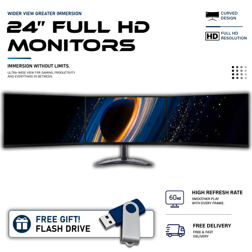 Refurbished Dell Dell Full HD Triple Multi Monitors Screen Setup 24" HDMI 1920x1080