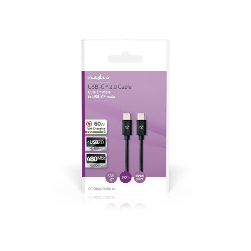 USB-C to USB-C Charging Cable 3.00 m, USB 2.0, 480 Mbps, 60 W, Black 2