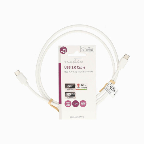 USB-C to USB-C Charging Cable 1.00 m, USB 2.0, 480 Mbps, 60 W, White 2