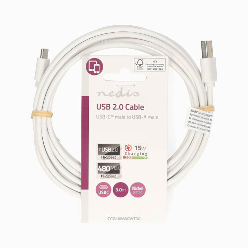 USB-A to USB-C Charging Cable 3.00 m, USB 2.0, 480 Mbps, 15 W, White 2