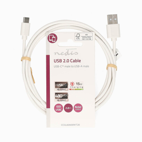 USB-A to USB-C Charging Cable 2.00 m, USB 2.0, 480 Mbps, 15 W, White 2