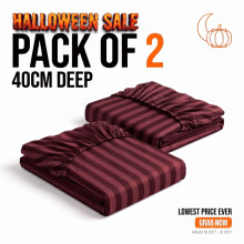 (2X Double (135cm x 190cm), Burgundy) 40cm Deep Pack of 2 Fitted Sheets Stripe Pattern | Lowest Price Ever | Halloween Sale Limited Offer