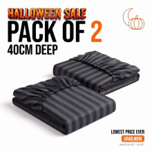 (2X Double (135cm x 190cm), Charcoal) 40cm Deep Pack of 2 Fitted Sheets Stripe Pattern | Lowest Price Ever | Halloween Sale Limited Offer