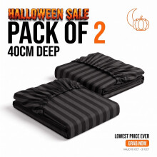 (2X Double (135cm x 190cm), Black) 40cm Deep Pack of 2 Fitted Sheets Stripe Pattern | Lowest Price Ever | Halloween Sale Limited Offer