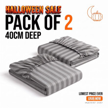 (2X Double (135cm x 190cm), Silver) 40cm Deep Pack of 2 Fitted Sheets Stripe Pattern | Lowest Price Ever | Halloween Sale Limited Offer