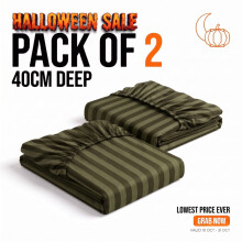 (2X Double (135cm x 190cm), Olive Green) 40cm Deep Pack of 2 Fitted Sheets Stripe Pattern | Lowest Price Ever | Halloween Sale Limited Offer