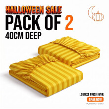 (2X Double (135cm x 190cm), Ochre) 40cm Deep Pack of 2 Fitted Sheets Stripe Pattern | Lowest Price Ever | Halloween Sale Limited Offer