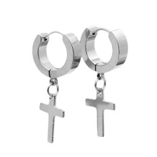 Boucles d'oreilles créoles unisexes en acier inoxydable, avec un pendentif en forme de croix