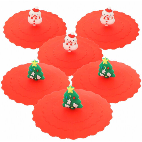 6pcs Silicone Mug Cover Christmas Tree Snowman Leakproof Reusable Cup Lids