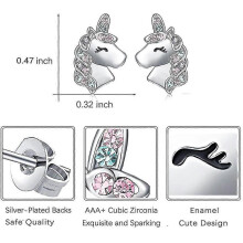 Orecchini a perno con unicorno e zirconi cubici, carini, per ragazze e donne, in tonalità argento, ideali per piercing all'orecchio. U