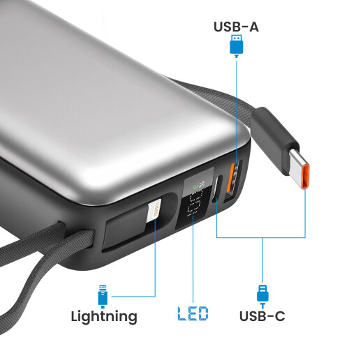Akashi PowerBank 20000mAh 22.5W USB-C / USB-A com Cabos USB-C / Lightning Alça 2