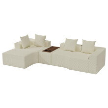 (Beige, links Chaiselongue) Ecksofa mit Schlaffunktion,Cord Schlafsofa L Form, Boneless Sofa mit Couchtisch