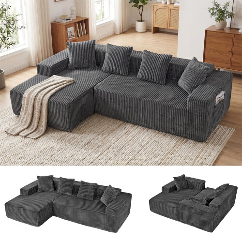 (Grau, links Chaiselongue) 261cm Modulares Ecksofa mit Ottomane Cord Schlafsofa L-Form  mit Schlaffunktion 1
