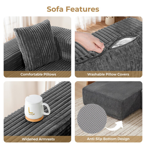 (Grau, links Chaiselongue) 261cm Modulares Ecksofa mit Ottomane Cord Schlafsofa L-Form  mit Schlaffunktion 2