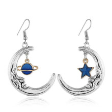 Planet Star Moon Pentagram Short Dangle Earrings For Women Blue Glossy Alloy Piercing Ear Jewelry Celestial Themed Daily Wear Fashion