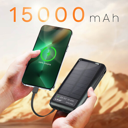 LinQ 15000mAh Solar Backup Battery Micro USB, Lightning, USB C Cables 2