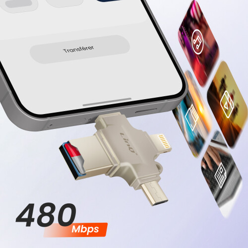 LinQ Micro-SD OTG card reader with USB-C, Micro-USB, Lightning, USB socket 2