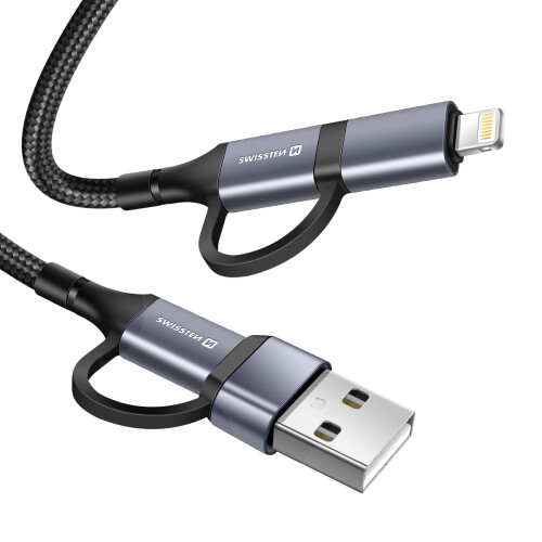 Swissten Câble Interchangeable 4-en-1 USB-C vers USB-A et Lightning 60W 1.5m 1