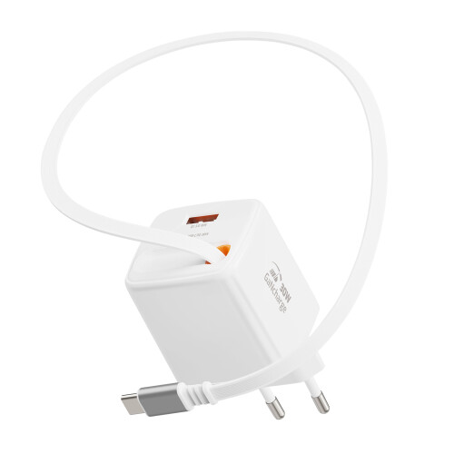Swissten Chargeur Secteur USB-A 30W avec Câble Rétractable USB-C 0.75m Intégré