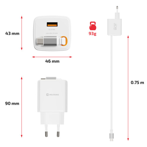 Swissten Chargeur Secteur USB-A 30W avec Câble Rétractable USB-C 0.75m Intégré 2