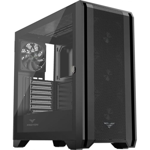 Zwarte mid-tower computerbehuizing - PREYON - Model Nest Windy - Staal en gehard glas