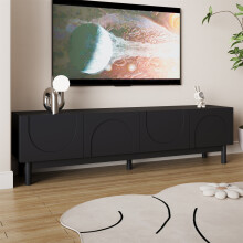 Misvayli TV Cabinet 169cm Black, Wave Door Media Console with 4 Doors and Adjustable Shelves, Modern Living Room TV Stand