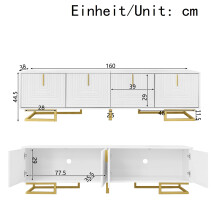 Misvayli TV Cabinet 160cm White, 4 Door TV Stand with Gold Handles, Textured Media Console, Hidden Storage and Adjustable Metal Legs