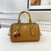 (Khaki) Embossed Boston Pillow Bag Cherry Pendant Hand-held Cylindrical Bag
