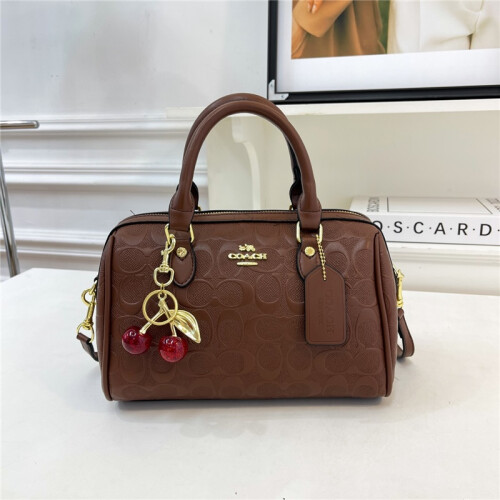 (Brown) Embossed Boston Pillow Bag Cherry Pendant Hand-held Cylindrical Bag