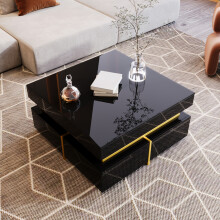 Misvayli Coffee Table 70 x 70cm Black, High Gloss Square Living Room Table with 2 Drawers and Gold Detail