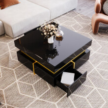 Nastopee Black High Gloss Coffee Table 70cm, Square Centre Table with 2 Storage Drawers and Gold Accents