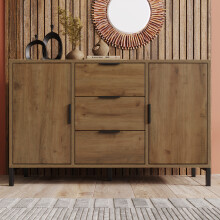 Misvayli Sideboard with 3 Drawers and 2 Doors, Dark Oak Storage Cabinet 120cm, Adjustable Shelf, Industrial Black Metal Frame