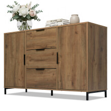 Nastopee Dark Oak Sideboard Cabinet 120cm, 2 Door Cupboard with 3 Drawers, Adjustable Shelf, Black Metal Frame for Living Room