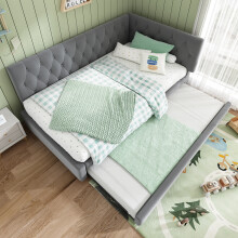 Misvayli Grey Upholstered Daybed 3ft Single, Velvet Sofa Bed with Second Pull Out Bed, 90x190cm Slatted Frame, No Mattress