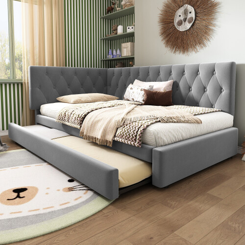 Misvayli Grey Upholstered Daybed 3ft Single, Velvet Sofa Bed with Second Pull Out Bed, 90x190cm Slatted Frame, No Mattress 1