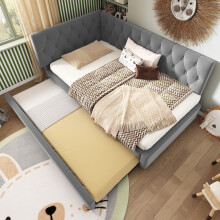 Nastopee Grey Velvet Daybed with Pull Out Trundle, 3ft Single Sofa Bed 90x190cm, Upholstered Slatted Frame for Adults and Kids