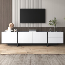 Nastopee High Gloss White TV Stand 190cm, Black Legs, 3 Door TV Cabinet with 2 Drawers, Modern Media Unit with Shelves
