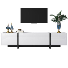 Misvayli TV Cabinet 190cm White and Black, High Gloss Media Console with 3 Doors, 2 Drawers and Internal Shelves